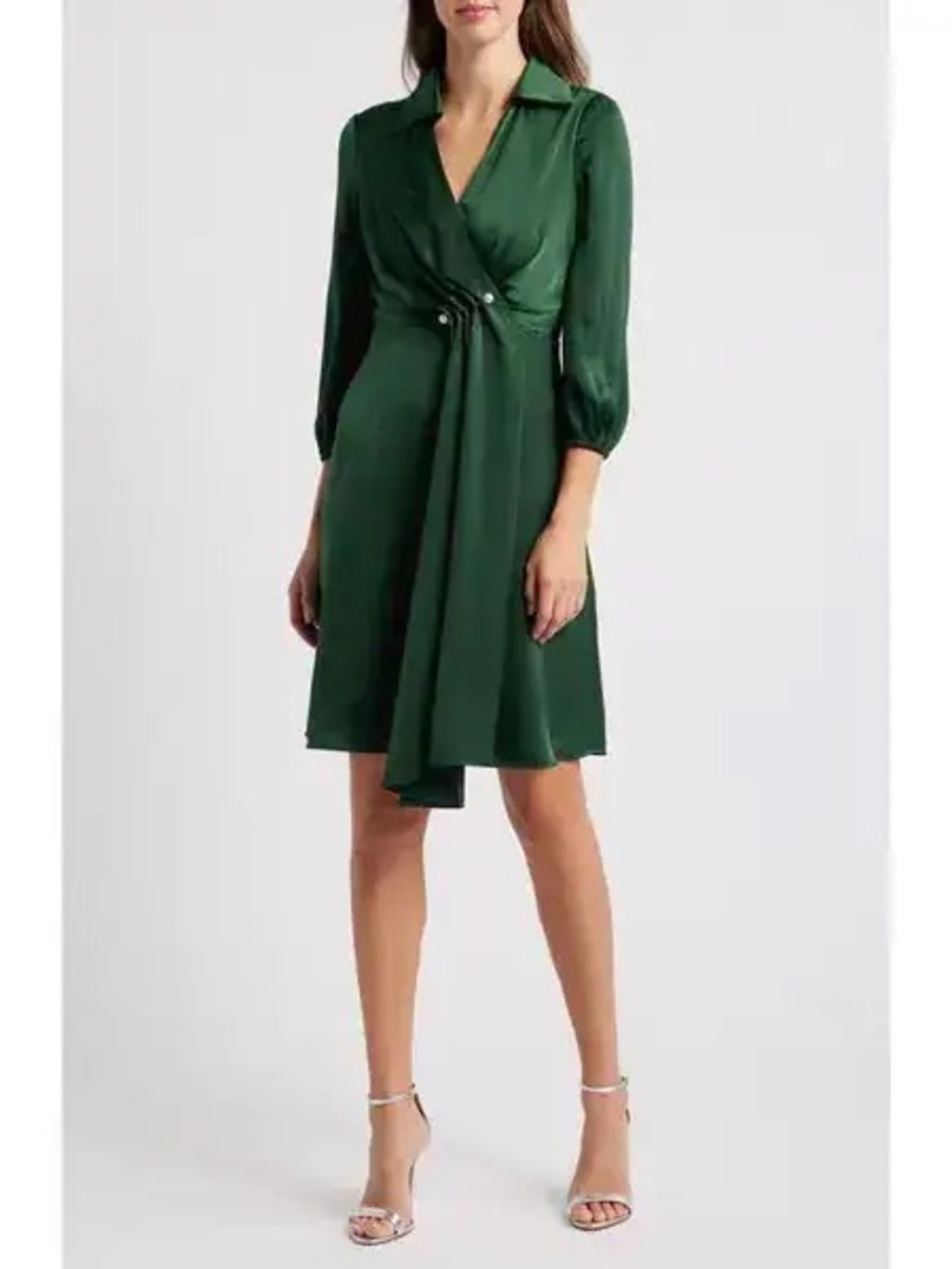 VINCE CAMUTO Green Faux Pearl Detail Satin Shirtdress - Picture 6 of 6